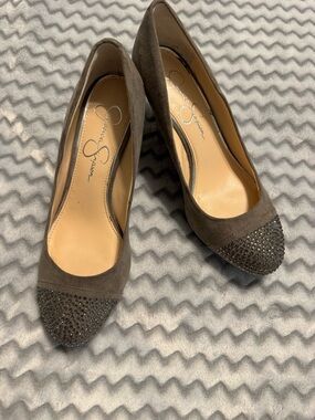 Jessica Simpson Taupe Suede Crystal-Toe Pumps